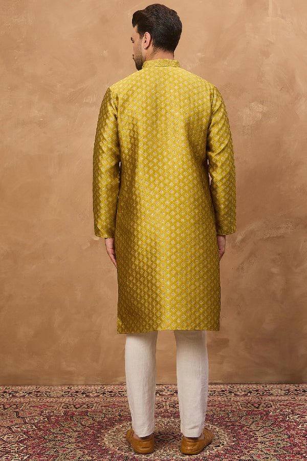 Yellow Silk Blend Solid Woven Design Straight Kurta With Pant Set MKSET1459