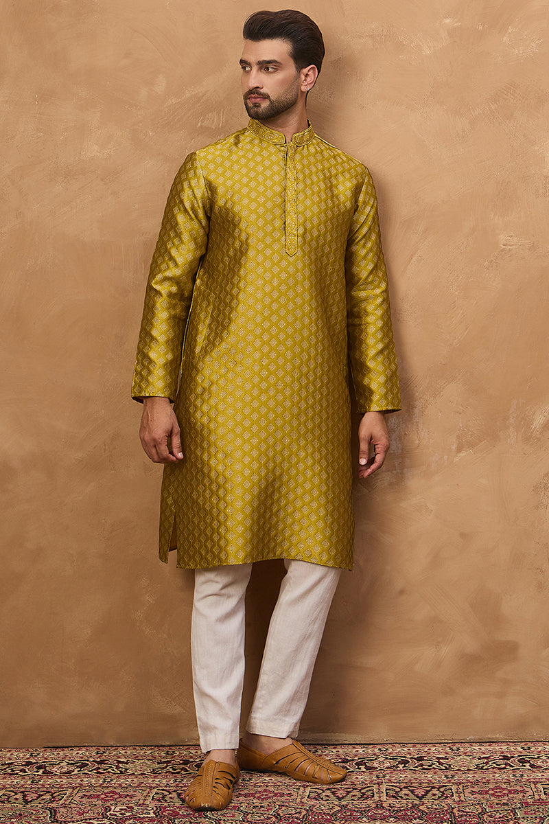 Yellow Silk Blend Solid Woven Design Straight Kurta MKU1459