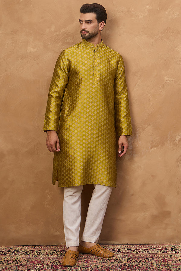 Yellow Silk Blend Solid Woven Design Straight Kurta MKU1459
