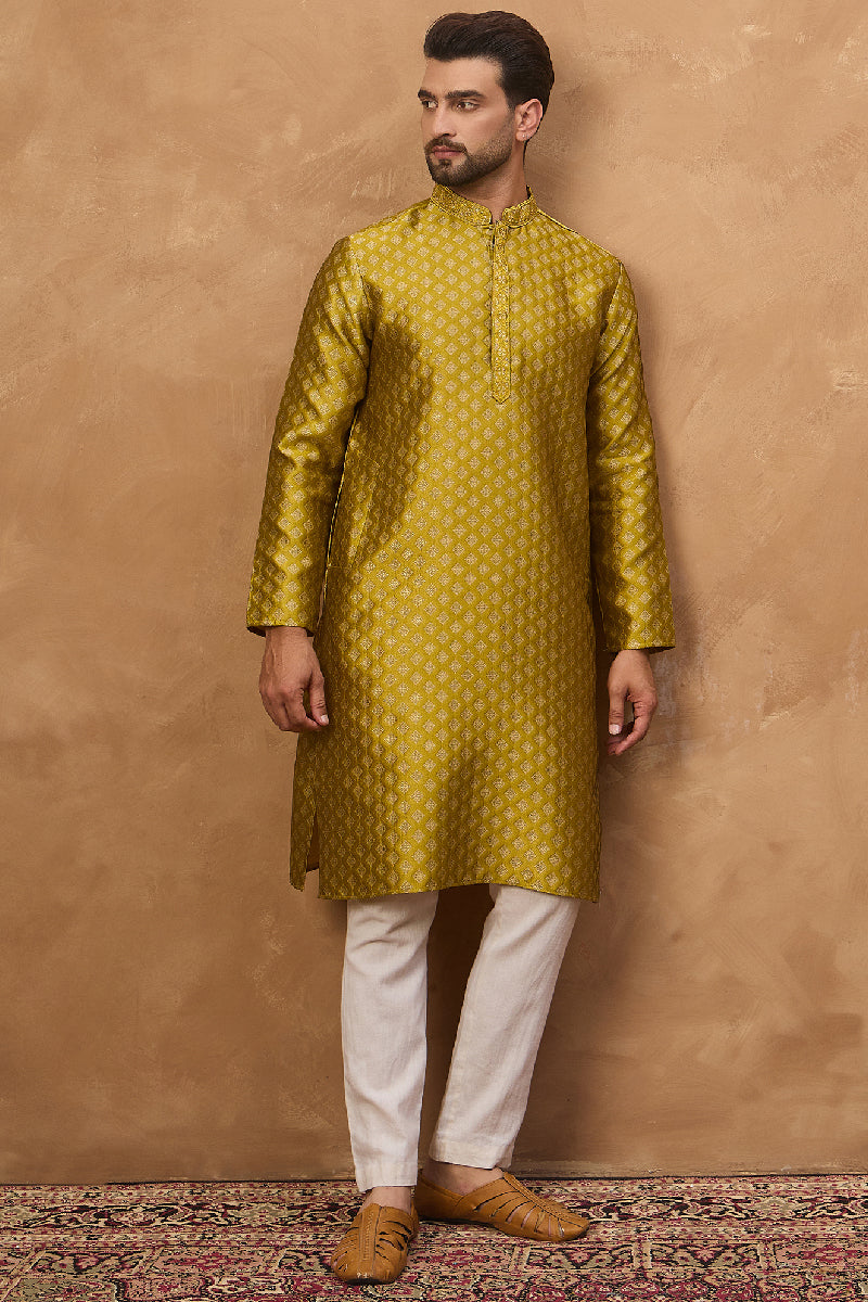 Yellow Silk Blend Solid Woven Design Straight Kurta With Pant Set MKSET1459