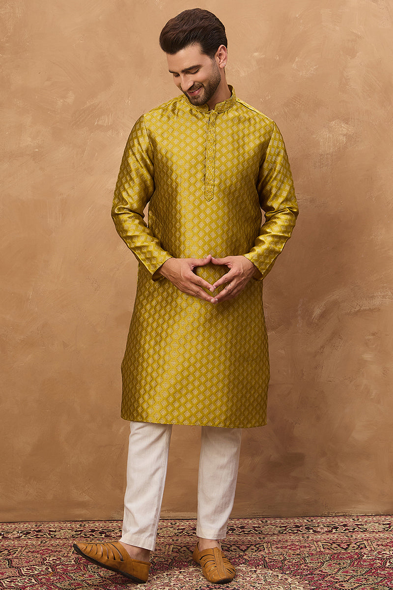Yellow Silk Blend Solid Woven Design Straight Kurta MKU1459
