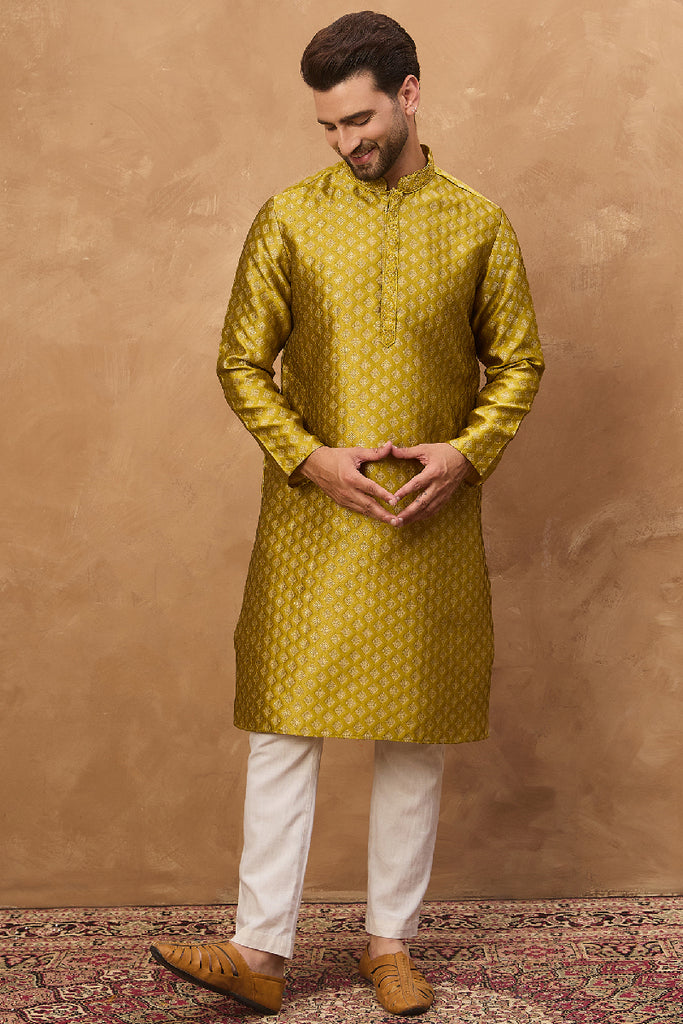 Yellow Silk Blend Solid Woven Design Straight Kurta With Pant Set MKSET1459