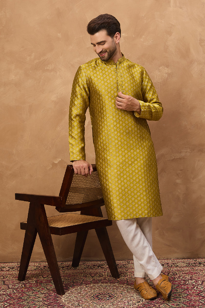 Yellow Silk Blend Solid Woven Design Straight Kurta With Pant Set MKSET1459