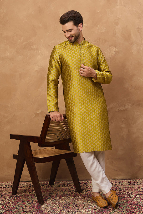 Yellow Silk Blend Solid Woven Design Straight Kurta MKU1459