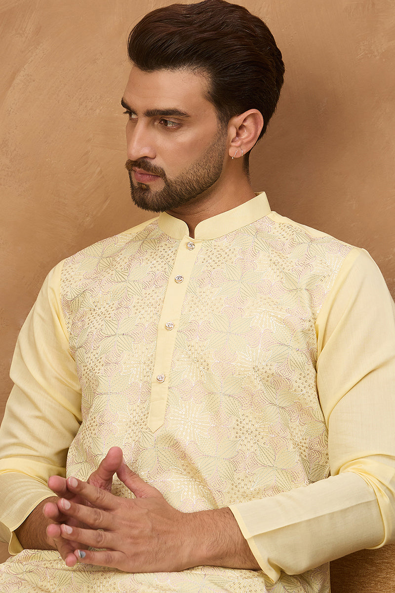 Yellow Silk Blend Solid Embroidered Straight Kurta MKU1467