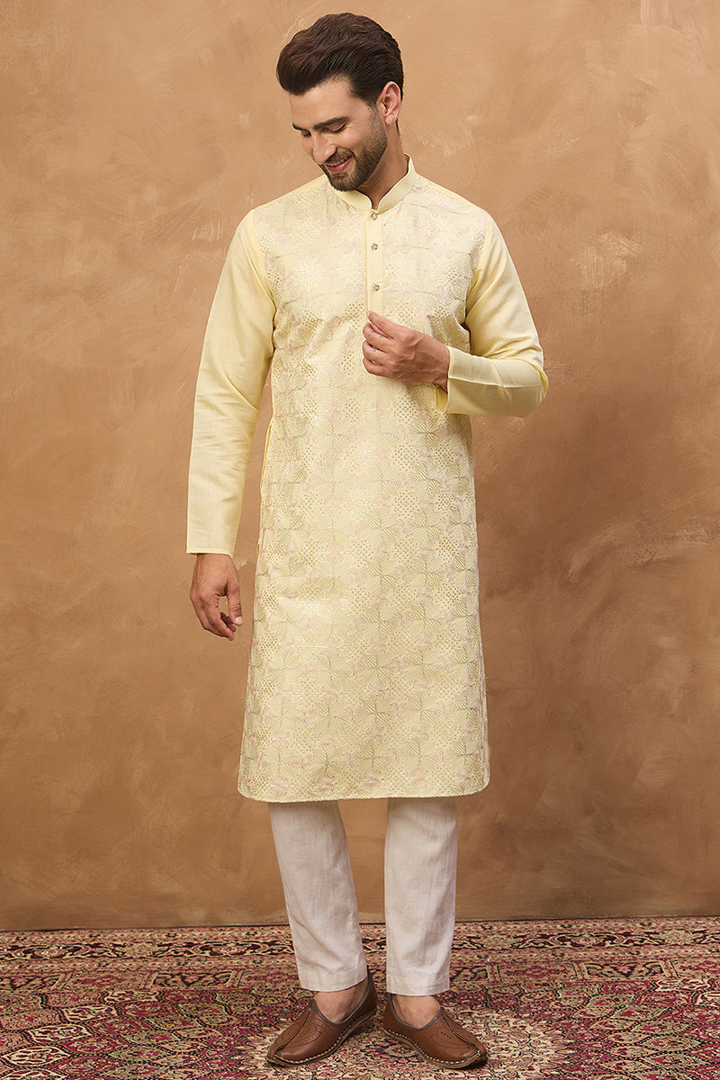 Yellow Silk Blend Solid Embroidered Straight Kurta MKU1467