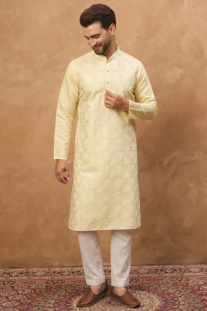 Yellow Silk Blend Solid Embroidered Straight Kurta MKU1467