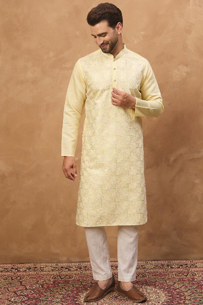 Yellow Silk Blend Solid Embroidered Straight Kurta With Pant Set MKSET1467