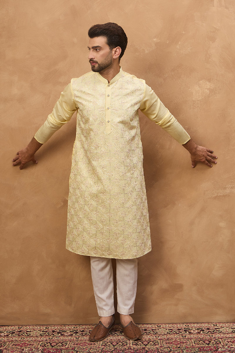 Yellow Silk Blend Solid Embroidered Straight Kurta With Pant Set MKSET1467