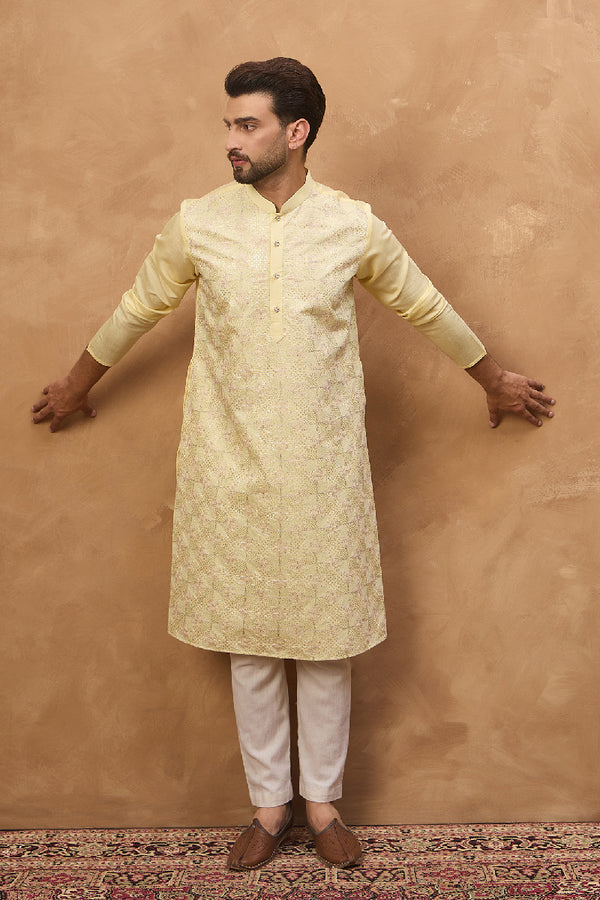 Yellow Silk Blend Solid Embroidered Straight Kurta With Pant Set MKSET1467