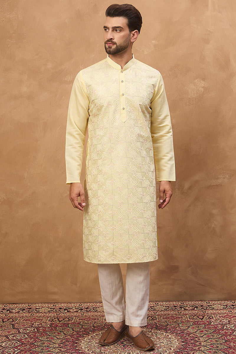 Yellow Silk Blend Solid Embroidered Straight Kurta MKU1467