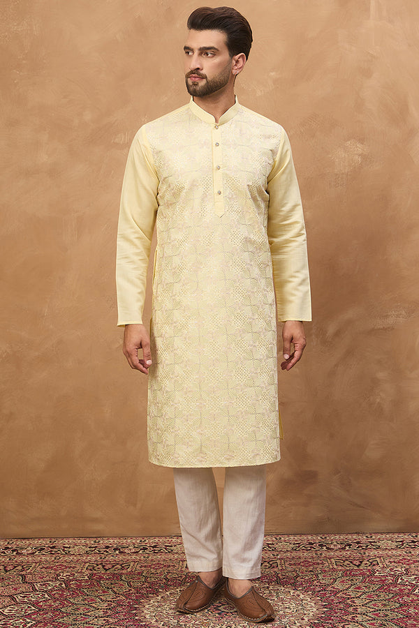 Yellow Silk Blend Solid Embroidered Straight Kurta MKU1467
