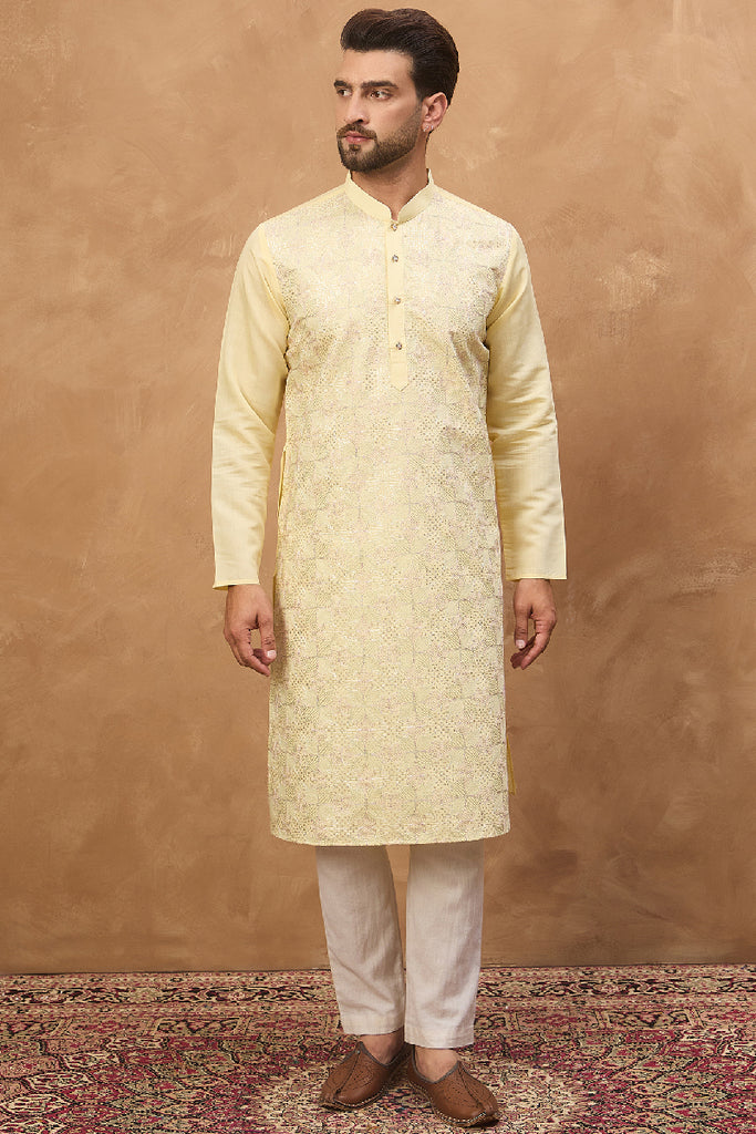 Yellow Silk Blend Solid Embroidered Straight Kurta With Pant Set MKSET1467