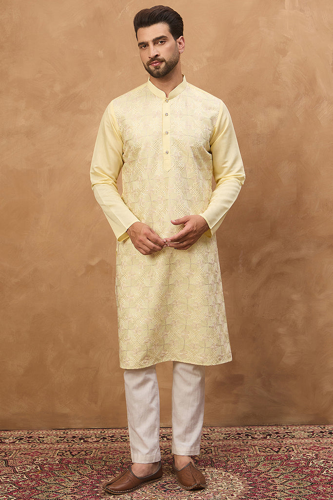 Yellow Silk Blend Solid Embroidered Straight Kurta MKU1467