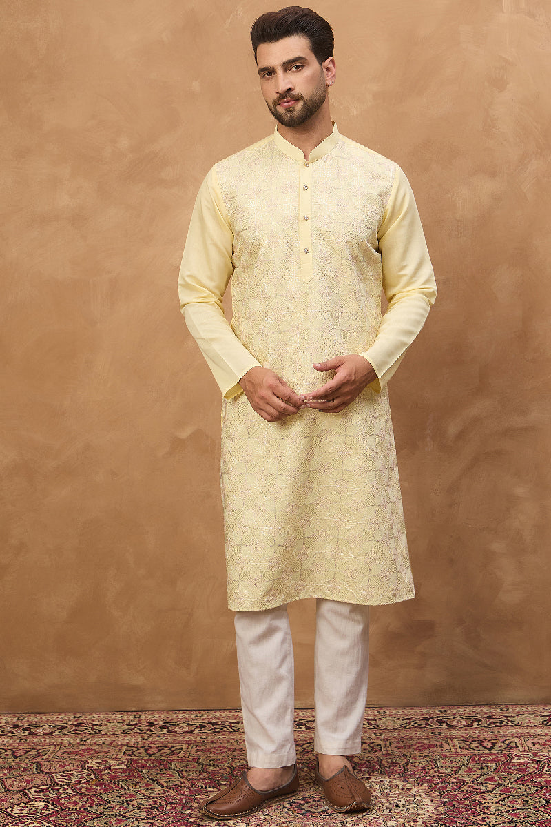 Yellow Silk Blend Solid Embroidered Straight Kurta With Pant Set MKSET1467