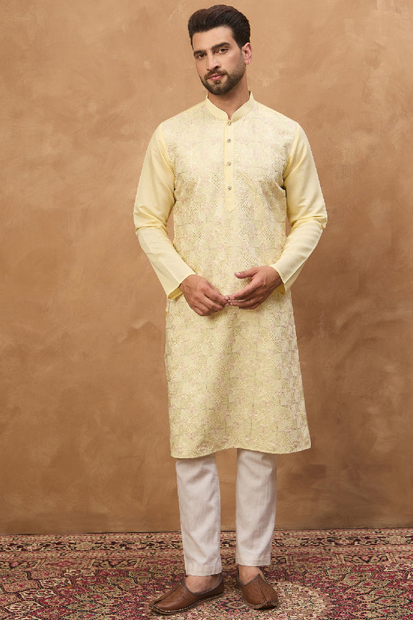 Yellow Silk Blend Solid Embroidered Straight Kurta With Pant Set MKSET1467