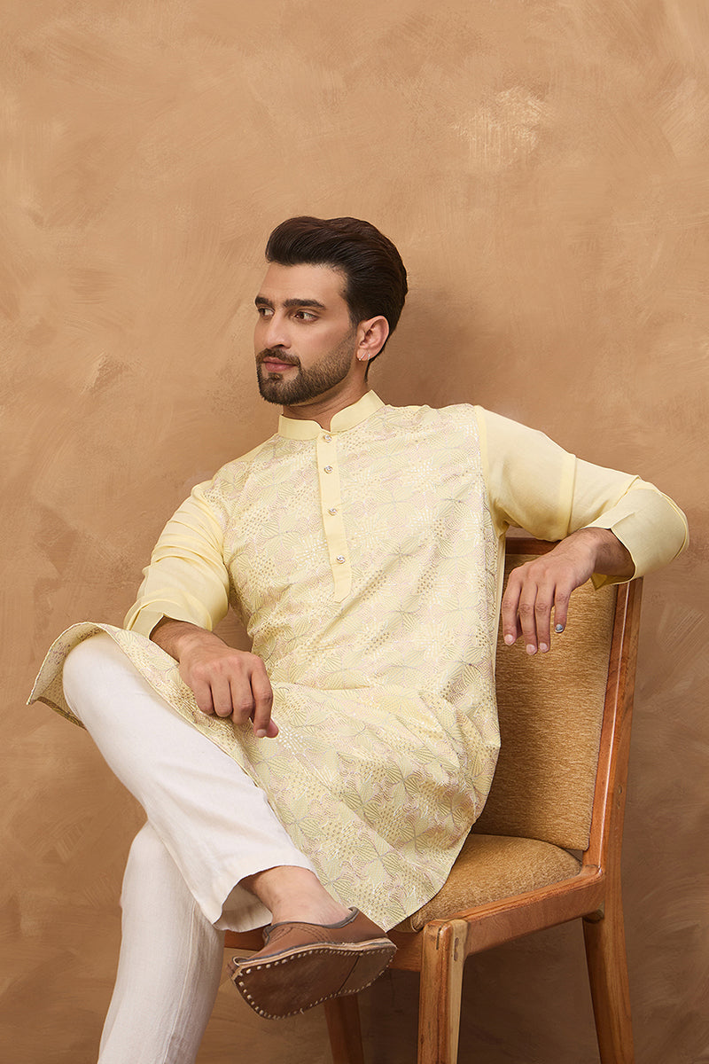 Yellow Silk Blend Solid Embroidered Straight Kurta MKU1467