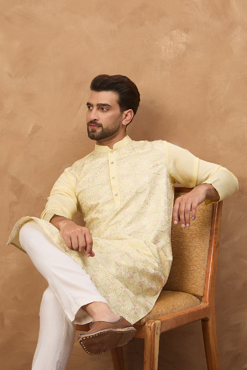Yellow Silk Blend Solid Embroidered Straight Kurta With Pant Set MKSET1467