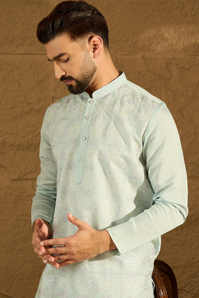 Blue Silk Blend Solid Embroidered Straight Kurta MKU1468