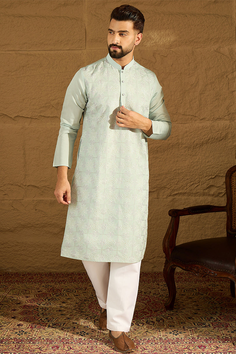 Blue Silk Blend Solid Embroidered Straight Kurta MKU1468
