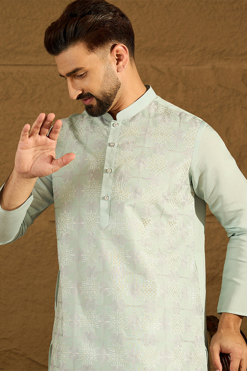 Blue Silk Blend Solid Embroidered Straight Kurta with Trouser MKSET1468