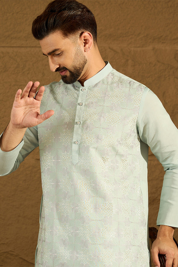 Blue Silk Blend Solid Embroidered Straight Kurta with Trouser MKSET1468