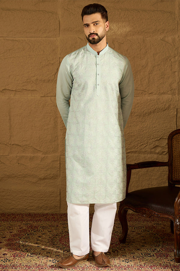 Blue Silk Blend Solid Embroidered Straight Kurta with Trouser MKSET1468