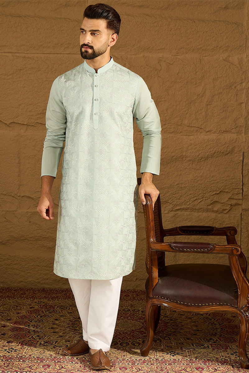 Blue Silk Blend Solid Embroidered Straight Kurta MKU1468