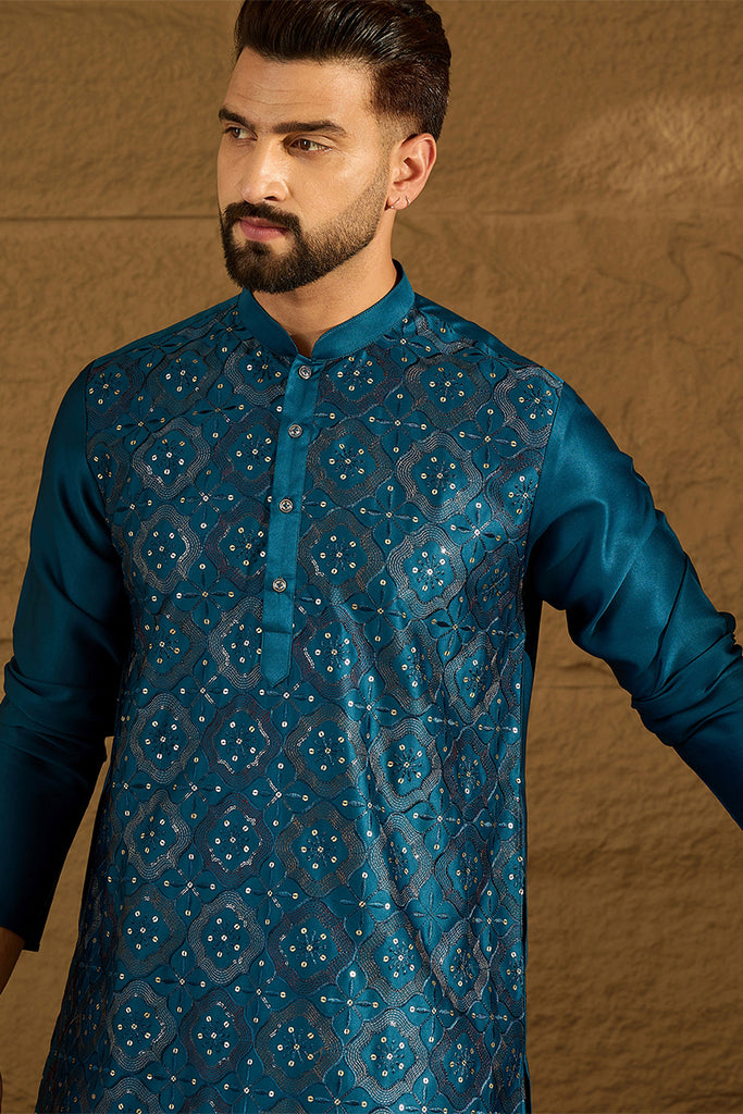 Blue Silk Blend Solid Embroidered Straight Kurta MKU1469