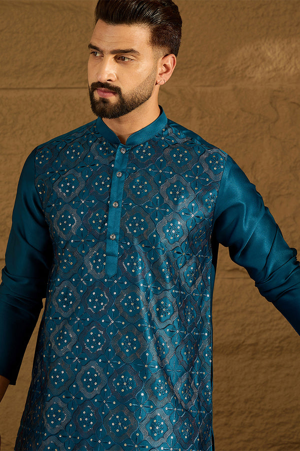 Blue Silk Blend Solid Embroidered Straight Kurta with Trouser MKSET1469