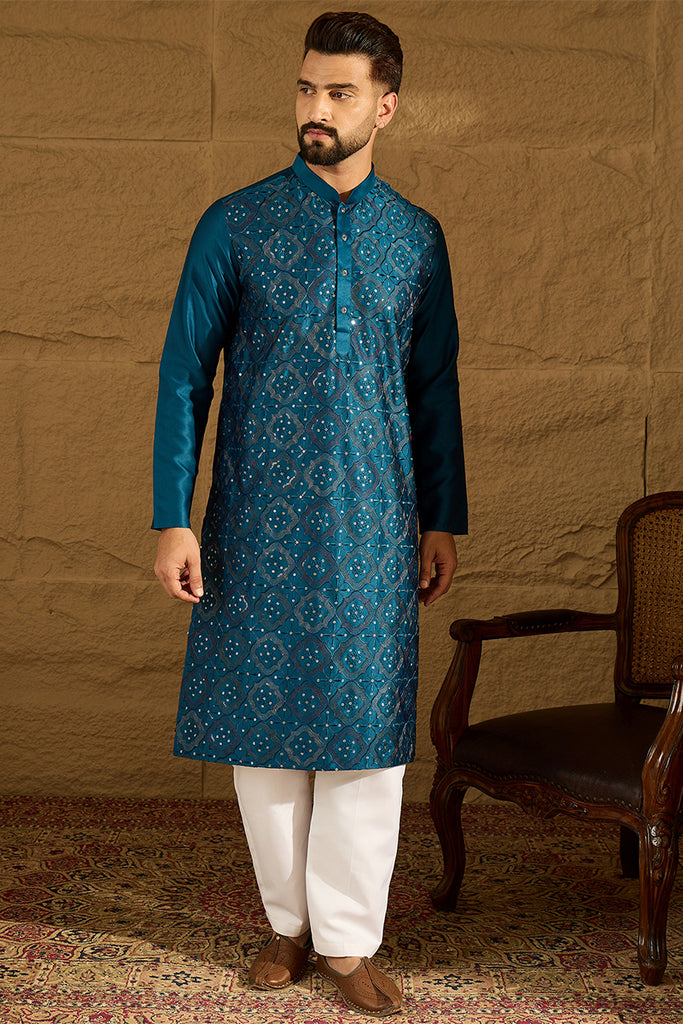 Blue Silk Blend Solid Embroidered Straight Kurta MKU1469