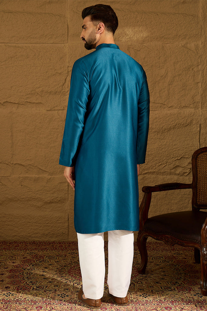 Blue Silk Blend Solid Embroidered Straight Kurta MKU1469