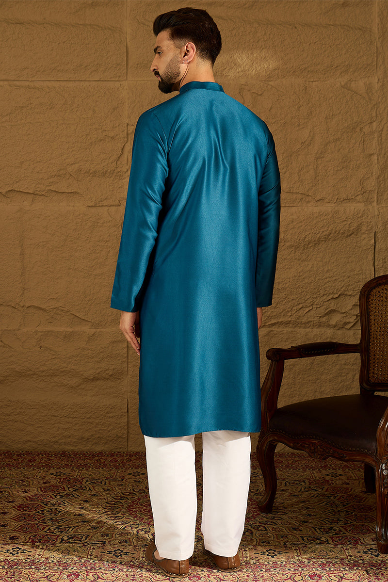 Blue Silk Blend Solid Embroidered Straight Kurta with Trouser MKSET1469
