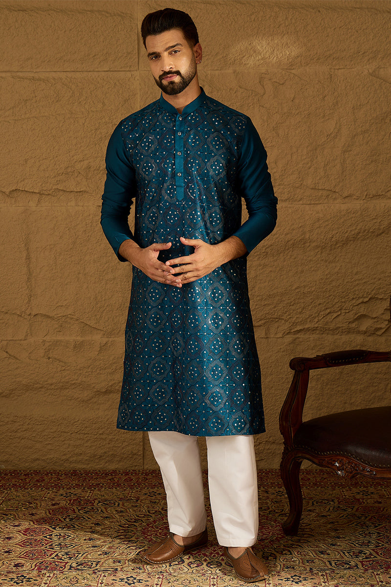Blue Silk Blend Solid Embroidered Straight Kurta with Trouser MKSET1469