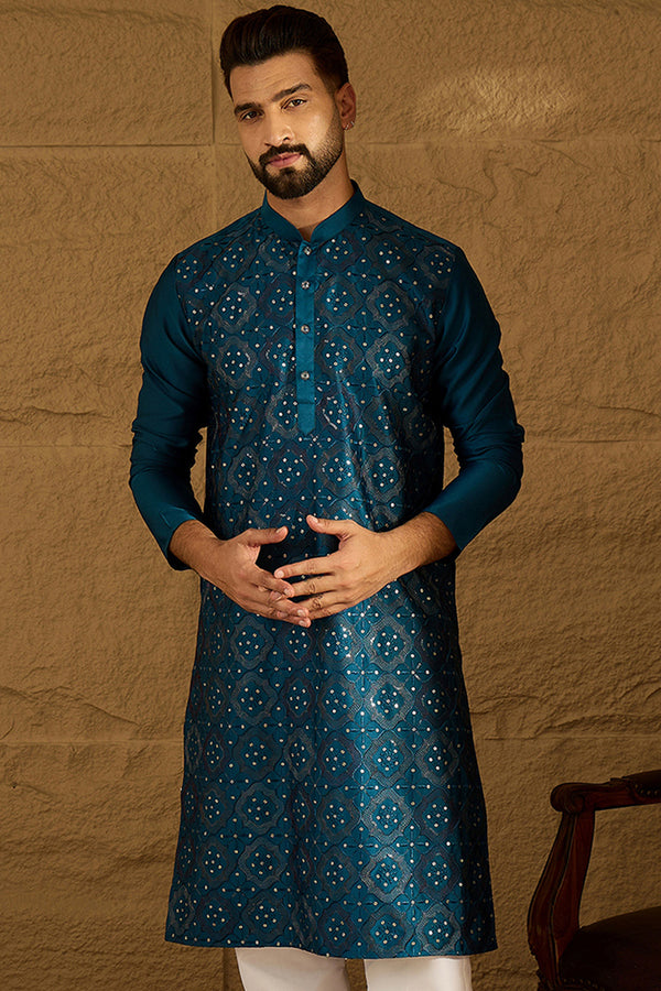 Blue Silk Blend Solid Embroidered Straight Kurta MKU1469