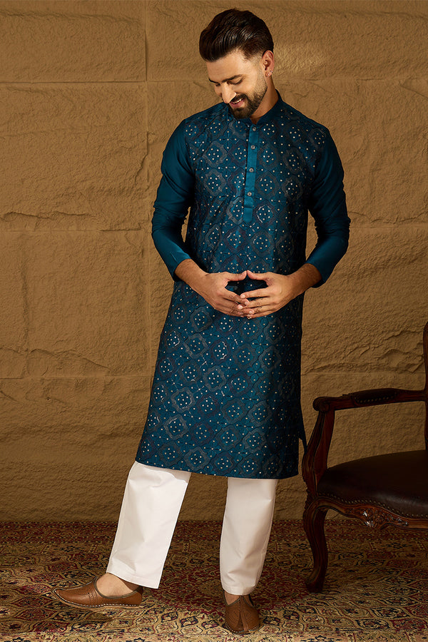 Blue Silk Blend Solid Embroidered Straight Kurta MKU1469