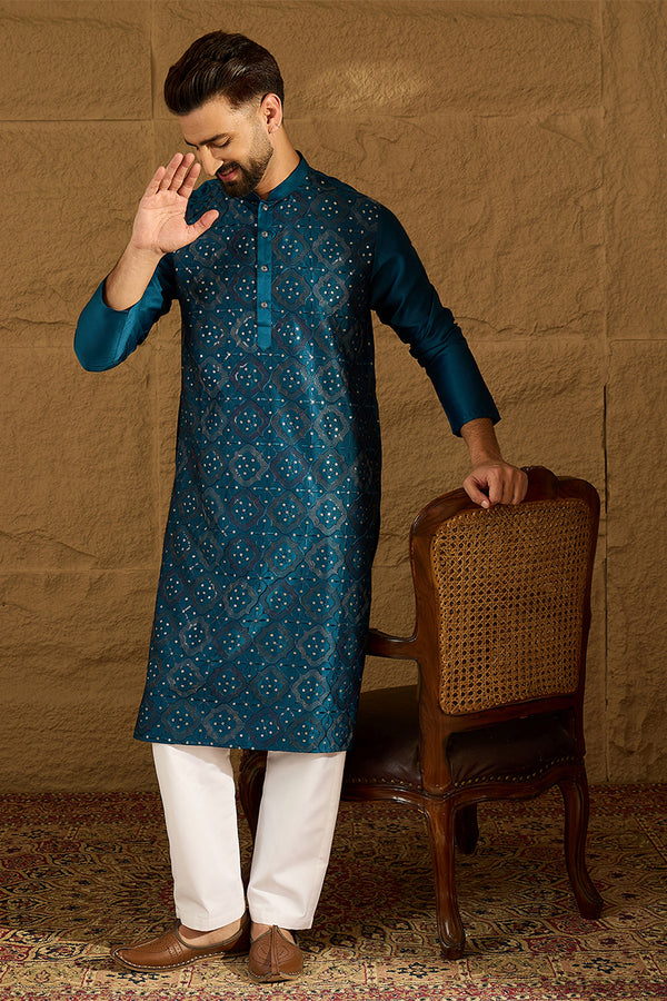 Blue Silk Blend Solid Embroidered Straight Kurta with Trouser MKSET1469