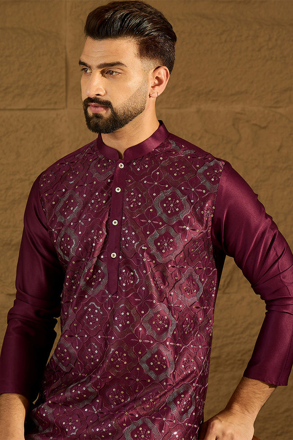 Purple Silk Blend Solid Embroidered Straight Kurta MKU1470