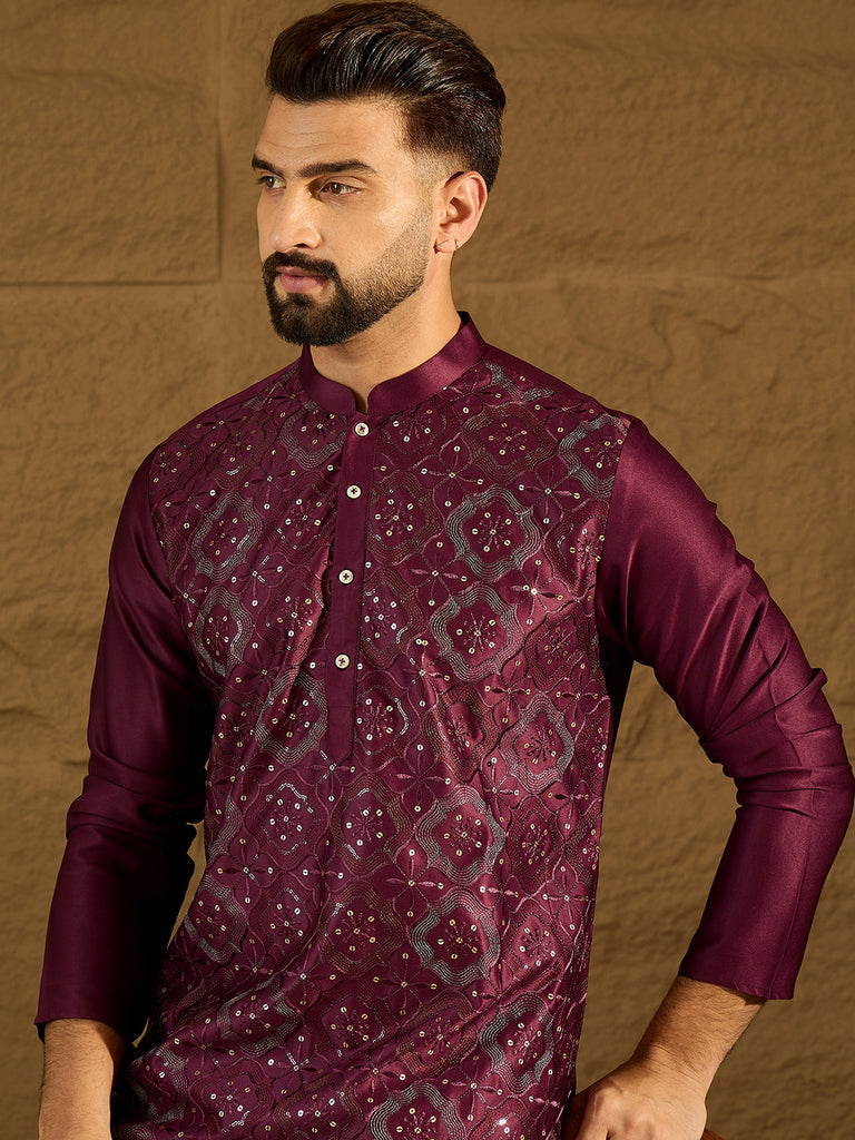 Purple Silk Blend Solid Embroidered Straight Kurta with Trouser MKSET1470