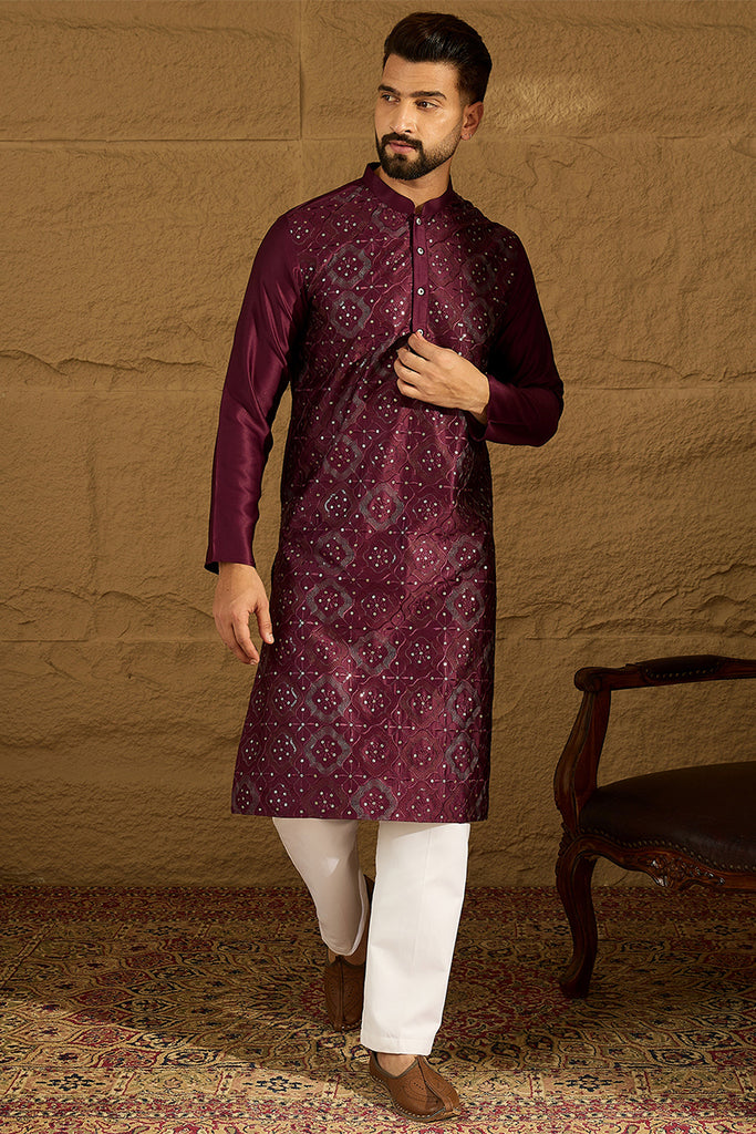 Purple Silk Blend Solid Embroidered Straight Kurta MKU1470