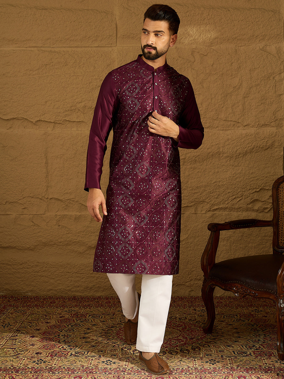 Purple Silk Blend Solid Embroidered Straight Kurta with Trouser MKSET1470