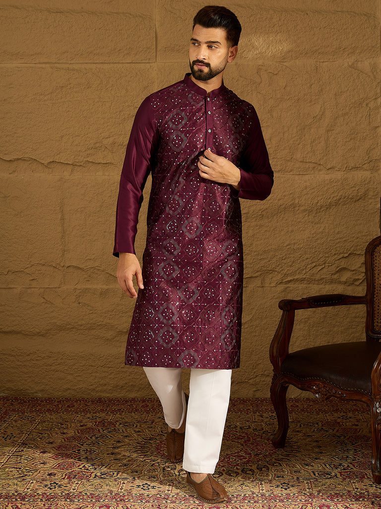 Purple Silk Blend Solid Embroidered Straight Kurta with Trouser MKSET1470