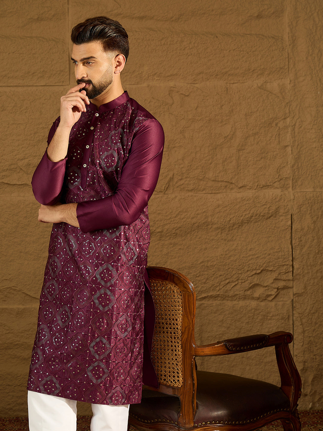 Purple Silk Blend Solid Embroidered Straight Kurta with Trouser MKSET1470