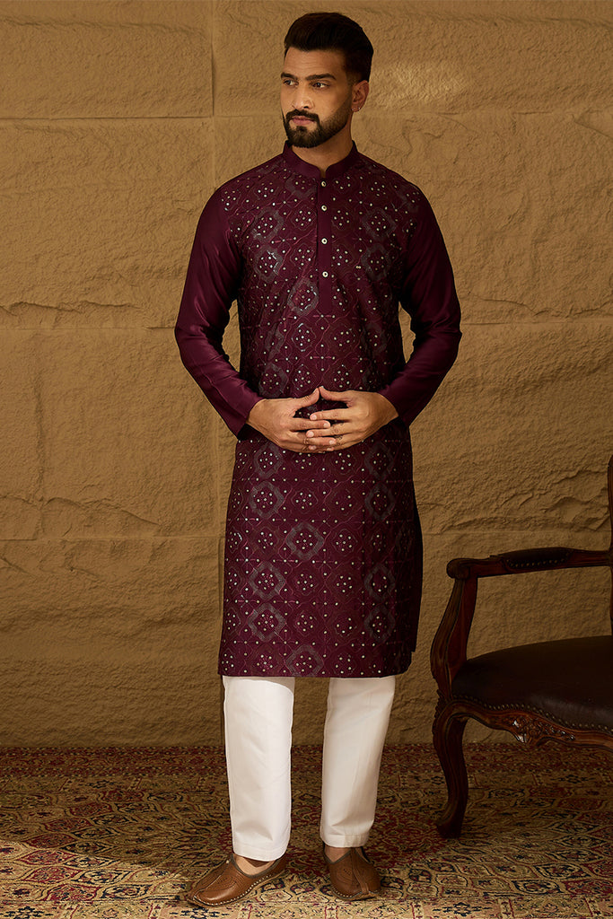 Purple Silk Blend Solid Embroidered Straight Kurta MKU1470