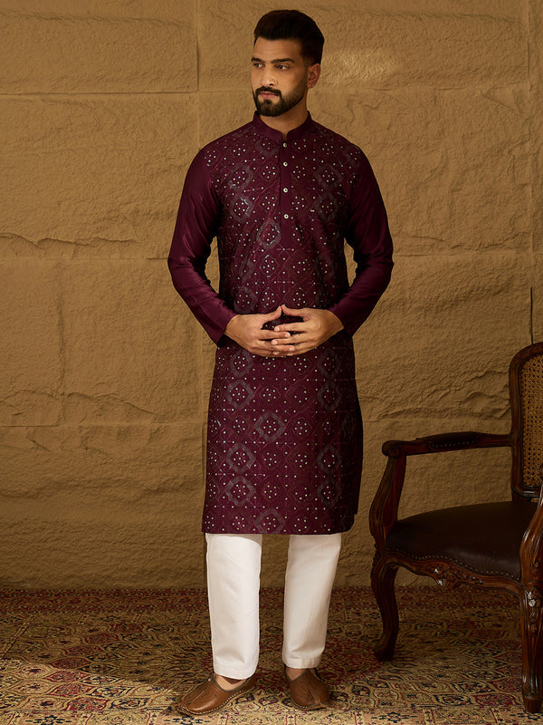 Purple Silk Blend Solid Embroidered Straight Kurta with Trouser MKSET1470