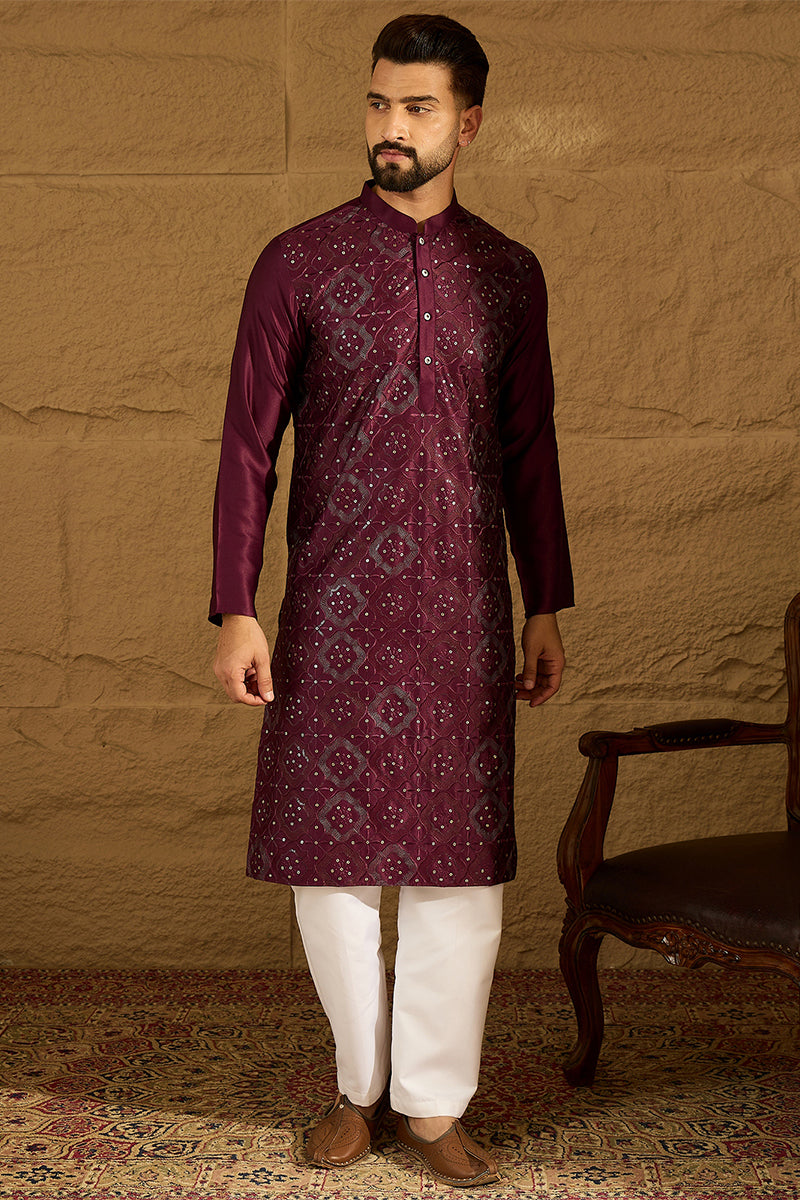 Purple Silk Blend Solid Embroidered Straight Kurta MKU1470