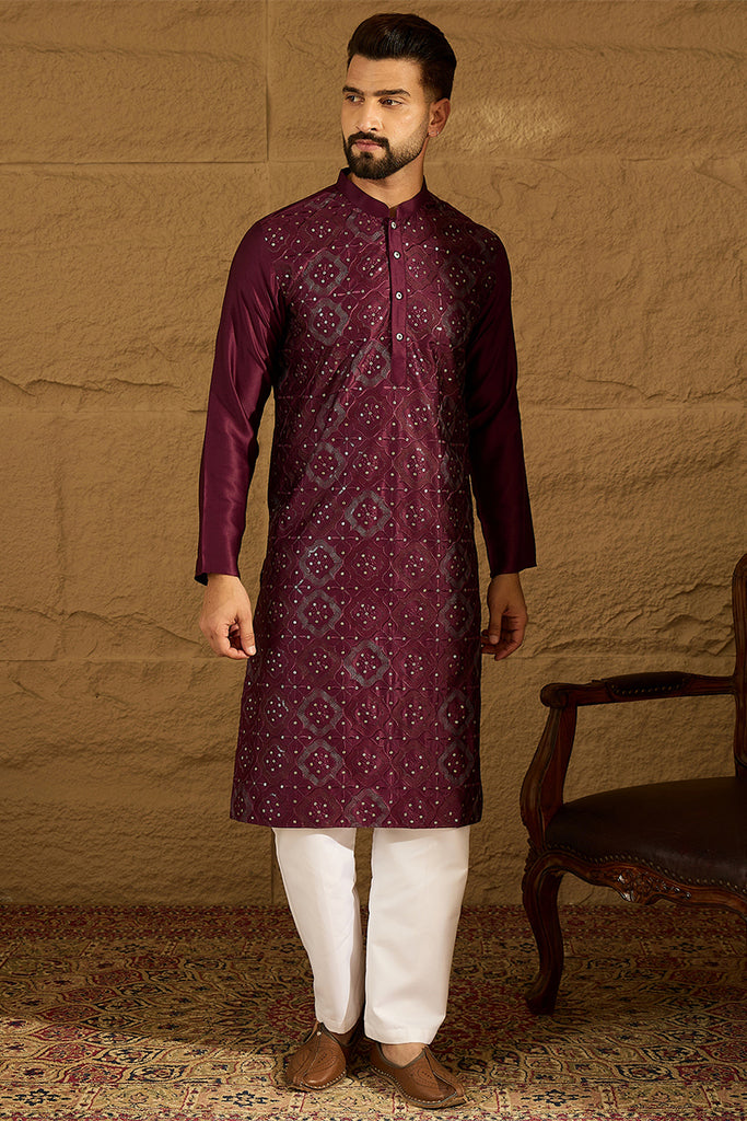 Purple Silk Blend Solid Embroidered Straight Kurta MKU1470