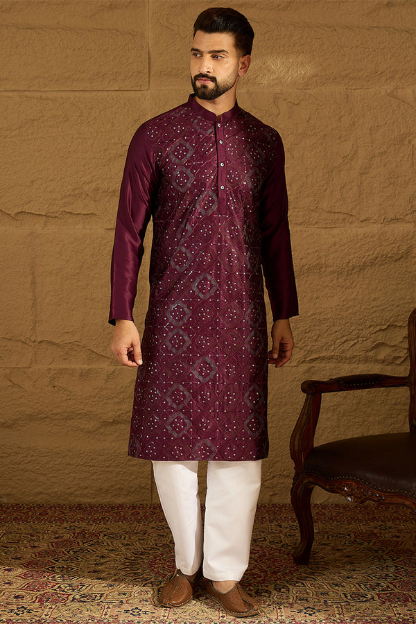 Purple Silk Blend Solid Embroidered Straight Kurta MKU1470