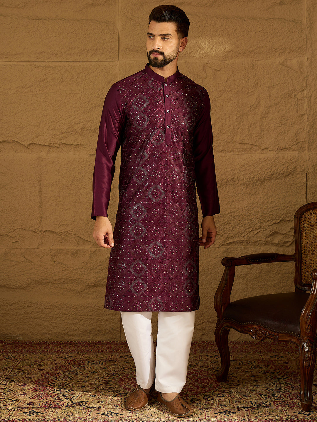 Purple Silk Blend Solid Embroidered Straight Kurta with Trouser MKSET1470