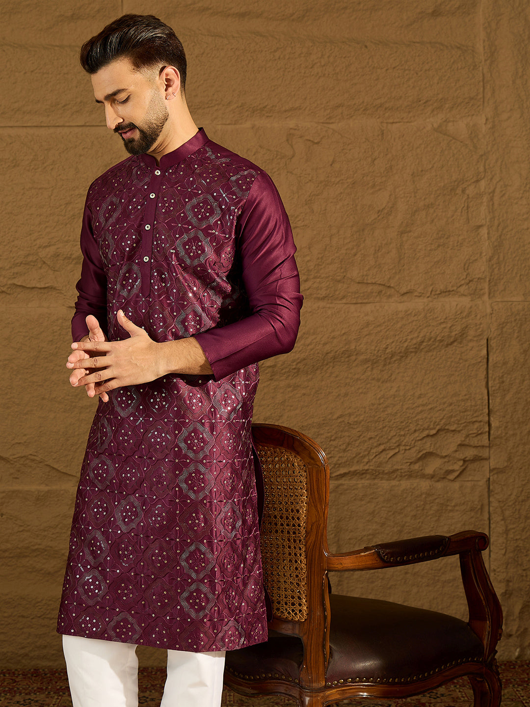 Purple Silk Blend Solid Embroidered Straight Kurta with Trouser MKSET1470
